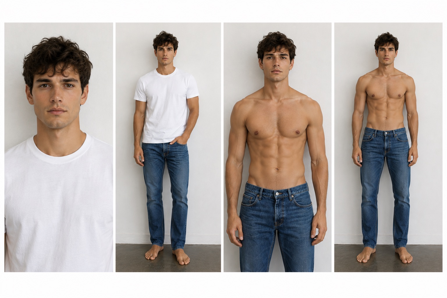 Example digitals format: headshot, full-length in a tee and jeans, and torso shots against a plain wall in natural light
